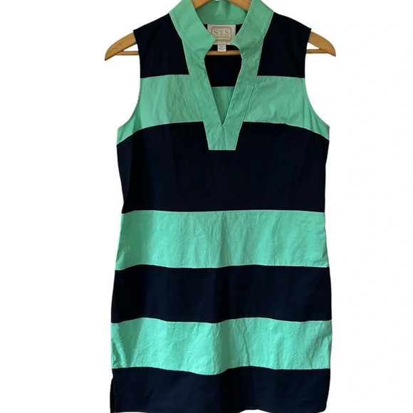 STS Sail to Stable Dress Rugby Stripe Navy Blue Teal Green Preppy Tenniscore Med - Picture 1 of 8